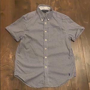 Button down, navy blue and white shirt